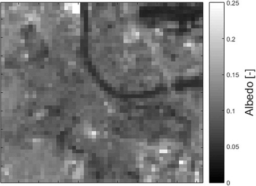 Figure 8. Basel albedo map on 24 June 2016 at 10:37. It is derived from a Seninel-2 image acquired at the same date. Spatial resolution is 100 m (URBANFLUXES grid).