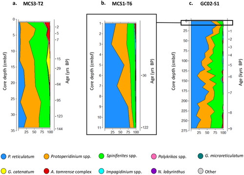 Figure 3. Dinoflagellate cyst relative abundance (%) at (a) MCS3-T2 (inshore), (b) MCS1-T6 (offshore surface), and (c) GC02-S1 (offshore deep) determined from palynological analysis.