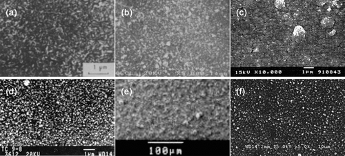 FIG. 5 Top views of CuInSe2 or CuInS2 films deposited with various spray techniques. (a) CuInSe2 film at 290°C for Cu/In = 1.0 by Bougnot et al. (Citation1986), (b) CuInS2 film at 277°C for Cu/In = 0.94 by Subbaramaiah and Raja (Citation1991), (c) CuInSe2 film at 300°C for Cu/In = 1.0 by Shirakata et al. (Citation1996), (d) CuInS2 film at 380°C for Cu/In = 1.0 by Krunks et al. (Citation1999), (e) CuInSe2 film at 90°C for Cu/In = 1.0 by Kaelin et al. (Citation2004), (f) CuIn film at 97°C for Cu/In = 0.9 by Yoon et al. (current experiment). Reprinted under permission of Elsevier.