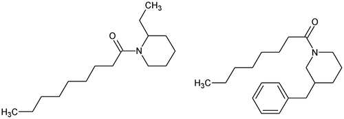 Figure 10. Structure of 1-nonanoyl-2-ethyl-piperidine (left) and 1-octanoyl-3-benzyl-piperidine (right).