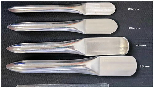 Figure 1. We customised a series of vaginal dilating moulds with different diameters, four of which with a diameter of 20, 25, 30, and 35 mm were shown here. The length of these moulds were all ≥14cm.