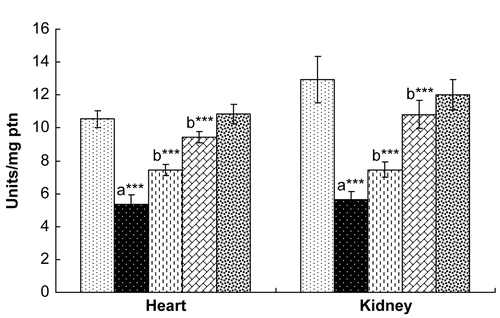 Figure 2.  Effect of hesperidin treatment on the activity of superoxide dismutase (SOD) in the heart and kidney of rats exposed to γ-radiation. Values are expressed as mean ± SD for six rats in each group. Comparisons are made as: a, compared with Group 1; b, compared with Group 2. ***, statistical significance at p < 0.001.