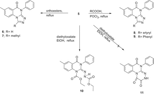 Scheme 2. Reactions of compound 5 with orthoesters, carboxylic acids and diethyloxalate.