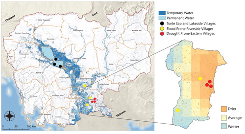 Figure 1 Study site locations, flood and drought in Cambodia (Source: Open Development Cambodia) and Prey Veng province (inset; Source: European Space Agency Citation2019).
