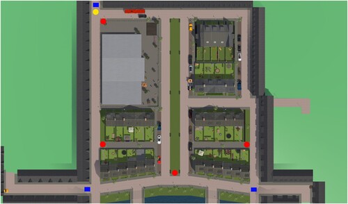 Figure 2. Neighbourhood lay-out.Note: Yellow round indicates the starting point for all participants; red rounds indicate the placement of the signs; blue square indicate the exit points.