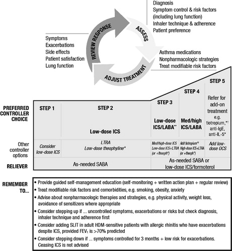 Figure 1. GINA stepwise asthma treatmentCitation6. Asthma management requires assessment of current symptoms, adjustment of treatment accordingly and review of the response; assessment should be repeated periodically to ensure optimal treatment. GINA asthma treatment is separated into five steps, with increasing step number corresponding to increasing level of intervention. Abbreviations. FEV1, Forced expiratory volume in 1 s; GINA, Global Initiative for Asthma; HDM, House dust mite; ICS, Inhaled corticosteroid; IgE, Immunoglobulin-E; IL, Interleukin; LABA, Long-acting β2-agonist; LTRA, Leukotriene receptor antagonist; OCS, Oral corticosteroid; SABA, Short-acting β2-agonist; SLIT, Sublingual immunotherapy. *Not for children <12 years. **For children 6 to 11 years, the preferred Step 3 treatment is medium-dose ICS. †Tiotropium by mist inhaler is an add-on treatment for patients with a history of exacerbations; it is not indicated in children <12 years of age.From Global Initiative for Asthma (GINA), ‘Global Strategy for Asthma Management and Prevention,’ (2017). Reprinted with permission from GINA, http://ginasthma.org/2017-gina-report-global-strategy-for-asthma-management-and-prevention/