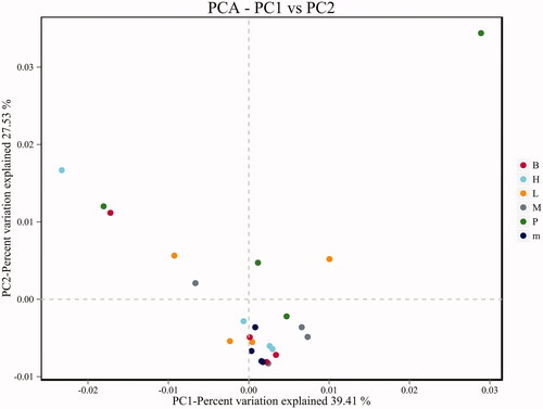 Figure 6. PCA analysis chart. ‘B’ represented the normal group; ‘m’ represented the untreated group; Chickens in the group P were administrated with qiuliling at the dosage of 10 g/kg/d; Chickens in the FMTE-treated groups (L, M and H) were administrated with FMTE at the dosage of 2.5, 5, and 10 g/kg/d, respectively, through mixing with feed. The points of the same colour indicated different samples in the same group. The closer the different points were, the more similar the principal components were; the farther away they were, the more different the principal components were.