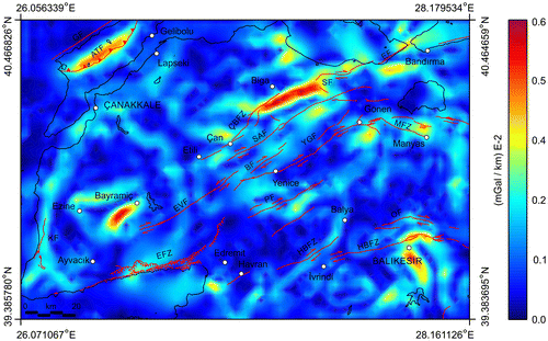 Figure 11. THD anomaly map of the data shown in Figure 10. The overlapped active faults in Biga Peninsula are modified after Duru et al. (Citation2012). The overlapped faults in Gelibolu Peninsula are modified after Yaltırak et al. (Citation2000). Black lines show coastline. Abbreviations used for the faults are given in Figure 5.