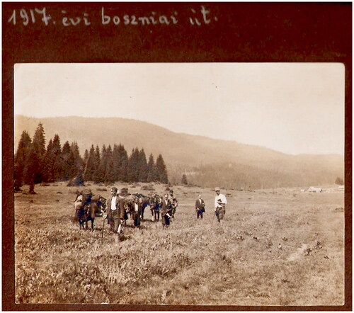 Figure 3. The Hungarian geographer Ferenc Fodor (in the left with a cane) and Hungarian scientists on a research expedition in Bosnia, 1917. From Ferenc Fodor’s family collection, with the kind permission of Klára Kollárné Hunek, granddaughter of Ferenc Fodor.