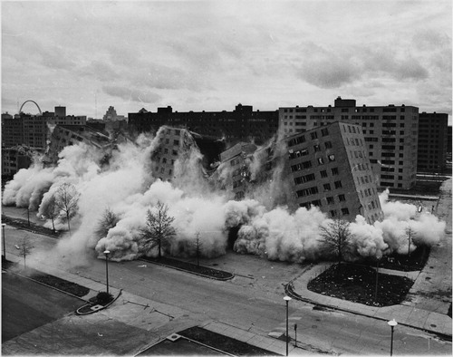 Figure 9. The demolition of the Pruitt Igoe housing estate, 1972. Image – US Department of Housing and Urban Development Office of Policy Development and Research – Public Domain.