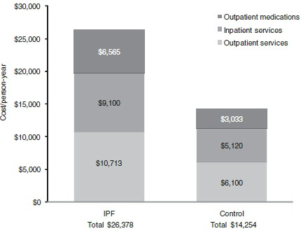 Figure 1.  Direct medical costs per person-year (2008). Overall direct medical costs for any medication claims, inpatient services, and outpatient services are calculated for patients with IPF and age- and gender-matched controls.