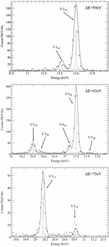 Figure 7. Expanded view of each region of the U L X-ray energy spectrum emitted by the 239Pu source in Figure 6. The circles are experimental results. The solid lines show calculated best fits. The dotted lines show the intrinsic line shapes of L X-rays [Citation12,Citation13]. Energy resolutions were estimated with respect to each region of Lα (12.8–14 keV), Lβ (16–17.8 keV) and Lγ (19.5–21.5 keV).