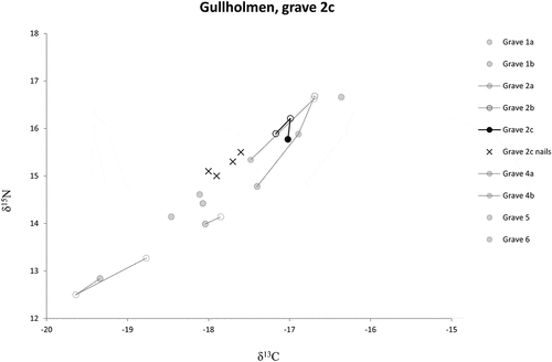 Fig. 6. Intra-individual changes of carbon and nitrogen isotope values for the individuals from Gullholmen, grave 2c highlighted. Filled circles: bone; empty circles: tooth; crosses: nails.