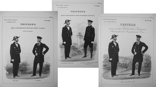 FIGURE 5 Left: Uniforms for Engineers, Ministry of Transportation, §55,456 plate 2, Jan. 7, 1876 (PSZ Folder 1876 I, 2). Right: Uniforms for Civil Engineers, Ministry of Interior, §461 plate 2, Oct. 19, 1881 (PSZ Folder 1881 I, 5). Center: Uniforms for Servicemen, Telegraph Division, §55,813 plate 2, Apr. 23, 1876 (PSZ Folder 1876 I, 10). Chromolithographs, deluxe set. Courtesy of Historical & Special Collections, Harvard Law School Library. Rpt. in PSZ.