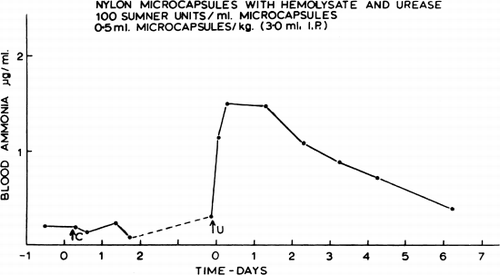 Figure 33. Effect of artificial cells on blood ammonia in an unanesthetized dog. C=control artificial cells (0.5 ml/kg). U=urease-loaded artificial cells (0.5 ml and 50 Sumner units/kg). In this test, the urease preparation (NBC) was stabilized by the addition of hemolysate. (From Chang, 1965.)