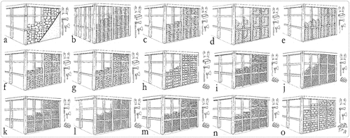 Figure 5. Classification of the different material variants with infill, from left to right: sod and marl (a), stacked adobe with uprights close together (b), stacked adobe without uprights close together (c), adobe sloping in a single direction (d), adobe sloping in two directions (e), adobe with horizontal bonds (f), finished-off adobe bonds (g), adobe with bricks (h), bonded bricks (i), sloping bricks (j), bricks in horizontal herringbone layout (k), bricks in vertical herringbone layout (l), finished-off brick bonds (m), bricks laid out in horizontal courses (n) and ashlar (o).