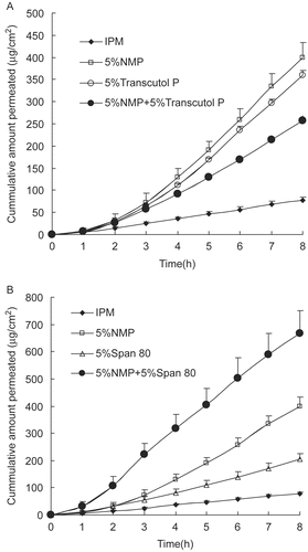 Figure 7.  Permeation profiles of daphnetin through rat skin with synergistic enhancers (a) 5% NMP + 5% Transcutol P, and (b) 5% NMP + 5% Span 80 (average ± SD, n = 4).