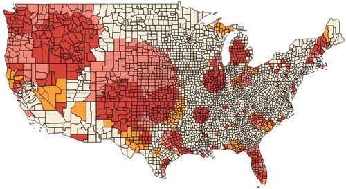 Figure 2 Statistically significant clusters of reported rape after adjustment for both age and poverty (red and pink). Counties that were part of an age-adjusted cluster, but not an age- and poverty-adjusted cluster, and are colored orange.