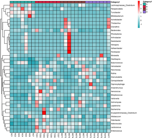 Figure 4 A heatmap showing genus-species abundance. The sample names are listed horizontally, the genus-level classification annotations are listed vertically. The clustering shown on the left represents the similarity of the species abundance distribution among the samples. The heatmap in the middle shows log10 converted absolute abundance.