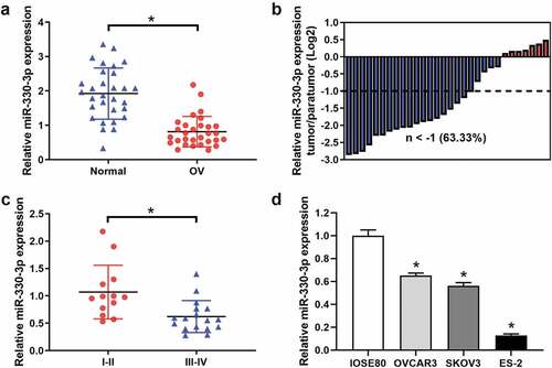 Figure 1. The expression of miR-330-3p was downregulated in OC samples and cell lines. (a) The expression level of miR-330-3p in 30 paired OC tissues and adjacent non-tumor tissues, *P < 0.05. (b) The relative miR-330-3p expression was assessed in OC tissues. (c)The expression level of miR-330-3p in different clinical stage in OC tissues (III–IV vs. I–II), *P < 0.05. (d) Expression levels of miR-330-3p in OC cell lines, *P < 0.05