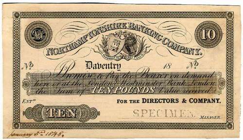 Figure 5. Northamptonshire Banking Company 10 pound bank note, 3 January 1848.
