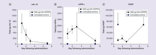 Figure 3. Protein expression levels after pmIL-12/PPC intraperitoneal administration to mice with disseminated ovarian cancer.Mice were implanted intraperitoneally with ID8 cells to induce peritoneal carcinomatosis and ascites formation. After 32 days, mice were administered pmIL-12/PPC intraperitoneally at a dose of 250 μg (DNA). Ascites was collected 1, 2, 3, and 7 days post administration, and protein levels were determined by ELISA. Values are expressed as mean ± standard deviation and normalized to total amount of ascites fluid. (A) mIL-12 expression. (B) Murine IFN-γ expression. (C) VEGF expression.Reproduced with permission from [Citation42] © John Wiley and Sons, Inc. (2009); permission conveyed through Copyright Clearance Center, Inc.