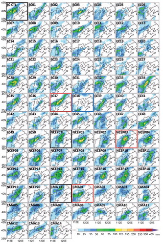 Fig. 3 The distributions of 24-h rainfall control and ensemble forecasts from ECMWF, NCEP and CMA. Three good members (EC37, NCEP03 and CMA01) are marked by red boxes and one bad member (EC38) is marked by a blue box. The deterministic control forecasts of the three centres are marked by black boxes.