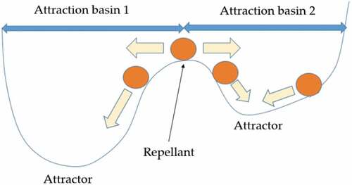 Figure 5. Schematic representation of a landscape of attractors