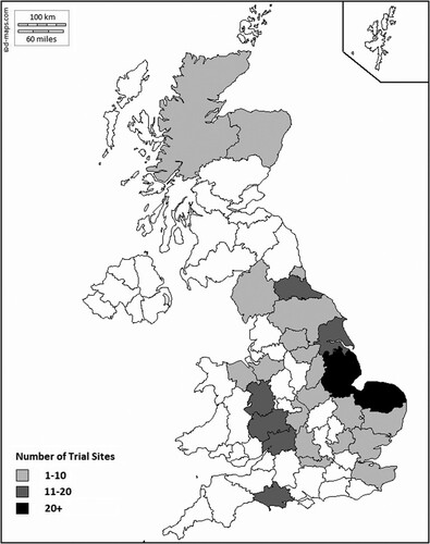 Figure 1. UK GM Field Trials by County (1999-2002). Source: DEFRA https://webarchive.nationalarchives.gov.uk/20030731085229/http://www.defra.gov.uk:80/environment/fse/location/index.htm [Accessed 7 February 2020] Map - d-maps.com https://d-maps.com/carte.php?num_car=17745&lang=en