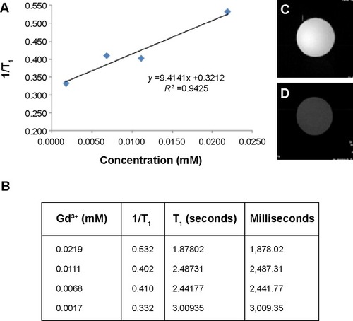 Figure 4 (A, B) Relaxation (r1) rates with different concentrations of dual imaging silica nanoparticles and (C, D) T1-weighted images using a 9.4 T micro-imaging analyzer instrument. Colloidal solution of dual imaging silica nanoparticles in water (C) and a pure water sample (D).