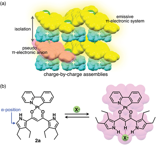 Figure 1. (a) Conceptual diagram for emissive charge-by-charge assembly comprising emissive π-electronic anion and bulky cation and (b) [1 + 1]-type anion-binding mode of dipyrrolyldiketone PtII complex 2a.