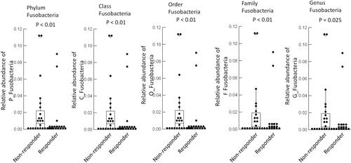 Figure 6 Fusobacterium at each genera level were quantified before and after anti-PD-1 treatment in the responder patients. Multivariate analysis was tested on each bacterium at phylum, class, order, family, genus levels among responders.