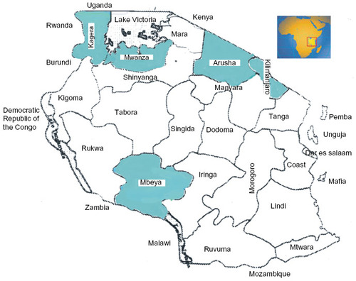 Figure 1 Map of Tanzania showing the five administrative regions (shaded) studied.