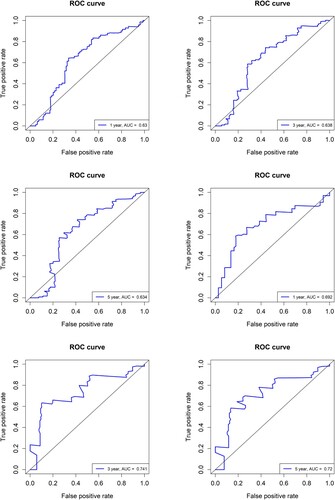 Figure 4. AUC analysis to assess the prognostic value of NUP210 expression in AML. (A–C) ROC curves for 1-year (A), 3-year (B), and 5-year (C) survival of all patients with AML; (D–F) ROC curves for 1-year (D), 3-year (E), and 5-year (F) survival of female patients with AML.