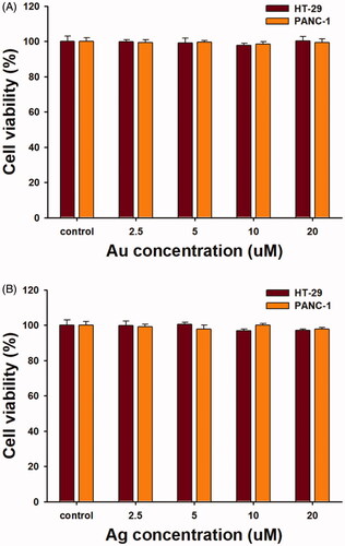 Figure 12. Cytotoxicity assessment of OE-AuNPs and OE-AgNPs against HT-29 and PANC-1 cell lines. (A) OE-AuNPs and (B) OE-AgNPs.