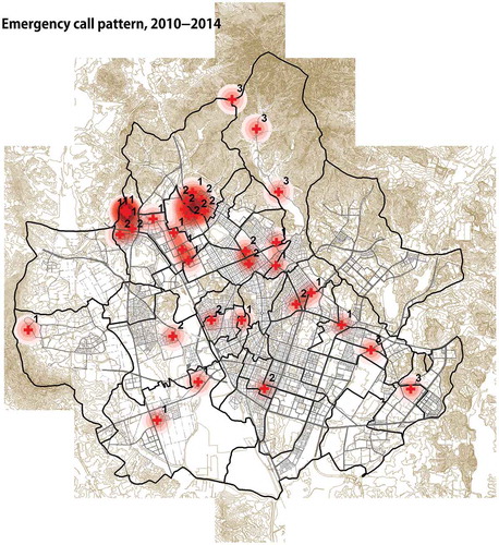 Figure 1. Distribution of emergency calls in Suwon between 2010 and 2014 (total number = 40). The crosses indicate the actual location of the calls. Each number in the figure indicates the results of cluster analyses involving a set of urban design variables described in the methods. (1) type I sites (high-rise building complexes with large in-between open space), (2) type II sites (low-rise, high-density residential districts), (3) type III sites (hilly terrain and sloped parkland).