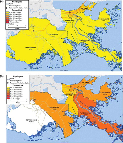 Figure 3. (a) Benzene cancer risks (a) prior to and (b) during the Gulf oil spill. Data by EPA, BP, and LDEQ. Cancer risks were determined from average benzene concentration per parish.