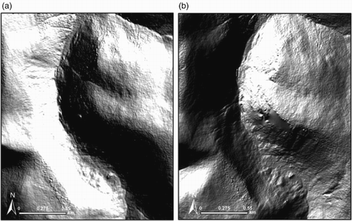 Figure 2. Hillshaded relief models derived from NEXTMap DSM of Gameshope valley in the central area of the Tweedsmuir Hills. (a) is using an azimuth of 45° and (b) 315° with both having an angle of illumination of 30°. The different appearance of the landforms between the two illumination angles is apparent, although not every valley mapped encountered the same level of difference, dependent on the orientation of the features. Scale 1:15,000. NEXTMap from Intermap Technologies Inc. provided by NERC via the British Geological Survey.