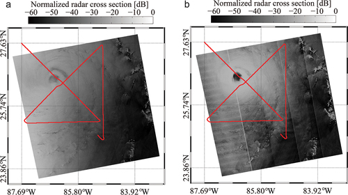 Figure 2. Quick-looks of (a) vertical-vertical (VV) polarized and (b) vertical-horizontal (VH) polarized extra wide (EW) image over TC Michael at 23:44 UTC on 9 October 2018.