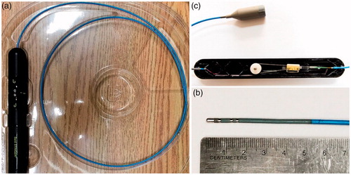 Figure 1. Bard Stinger Ablation Catheter and its control unit (a) the catheter with the control unit; (b) the distal tip of the catheter; (c) the inside of the control unit.