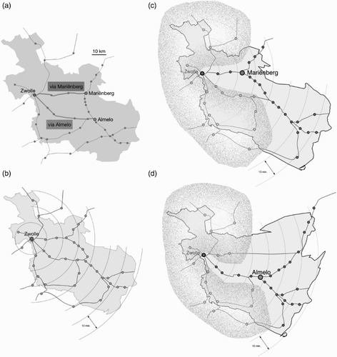 Figure 6. Travelling from Zwolle. (a): The different routes from Zwolle. (b): Time cartogram based on the shortest travel times. (c): Preference for the route via Mariënberg. (d): Preference for the route via Almelo. In (c) and (d), only the stations along the preferred route are displaced and the geography is deformed accordingly. The stations in the blurred area are not affected.