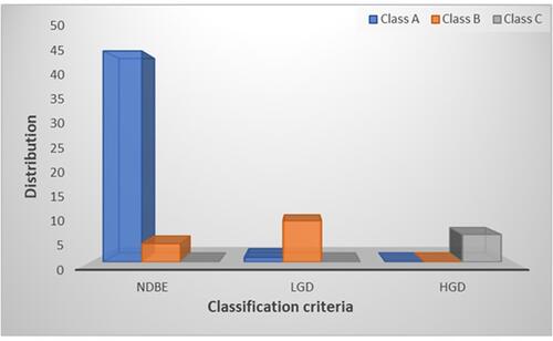 Figure 6 Pathology distribution by class. Class A pathology was predictive of NDBE in 46 of 47 or 97.9% of cases, class B predicted LGD in 9 of 13 or 69.2% of cases and class C predicted HGD in 100% of 6 cases.