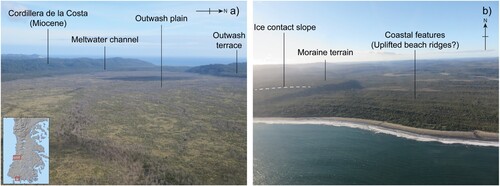 Figure 7. (a) Oblique aerial overview of the outwash constrained by the Cordillera de la Costa topography in the Tantauco area (Figure 1(c)). (b) Oblique aerial overview of the southern coastline of Tantauco (Figure 1(c)).