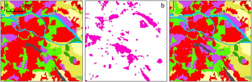 Figure 5. Including TomTom land use data in the map. A large majority of added polygons corresponded to the class ‘Industrial and commercial units’ (magenta patches in the box b). Legend for boxes a and c is provided in Figure 2(a).