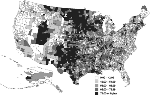 Figure 1 Religious adherents as percentage of total county population, 2000. Intervals contain equal numbers of counties. (Source: Glenmary and Polis data.)