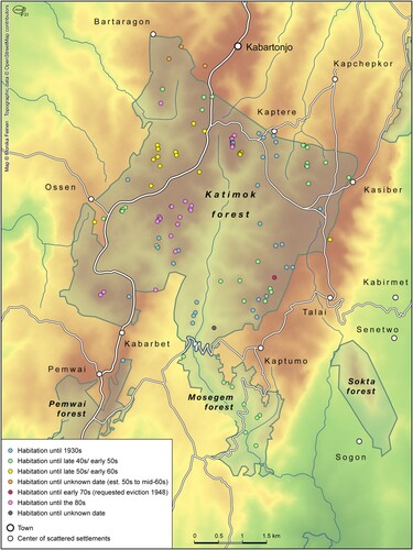 Figure 2. Map of former habitations in Katimok and adjoining forests.