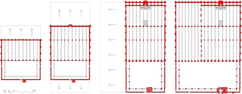 Figure 10. Stages of the Córdoba Mosque under Islamic rule: (from left to right) original mosque of ʿAbd al-Raḥmān I (785–787), and expansions under ʿAbd al-Raḥmān II (832–848); al-Hakam II (961); and al-Manṣūr (987–988), drawn by the author, 2023