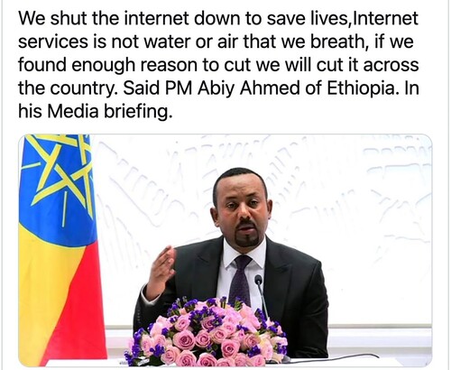 Figure 7. Twitter commentary on Ethiopian Prime Minister Abiy Ahmed’s pronouncement that the Internet is not an essential human need, like air or water.