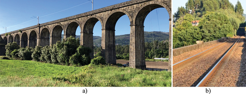 Figure 1. Durrães railway bridge: a) overview; b) railway track.