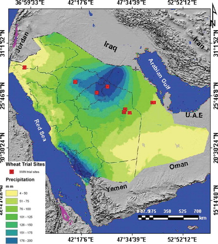 Figure 3. Rainfall map showing the spatial distribution of rainfall over the region. Red points highlight the International Wheat Improvement sites (IWIN).